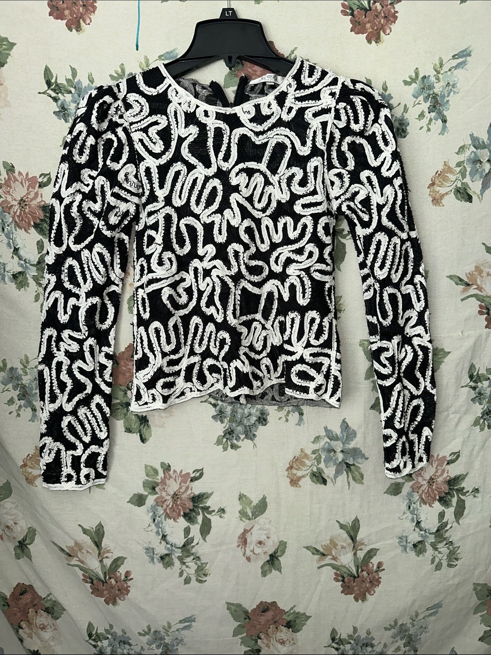 Sea New York Black Long-Sleeve Top with White Swirl Embroidery